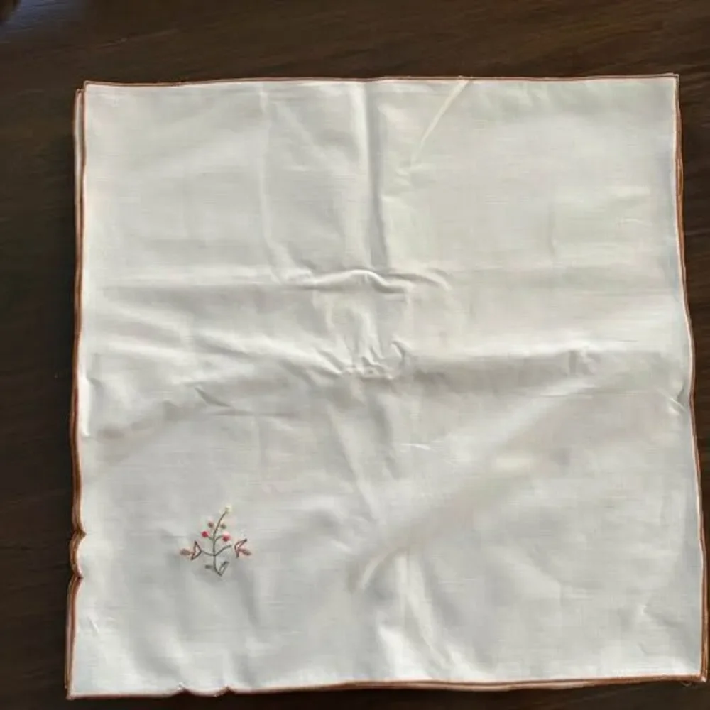 Vintage Linen Cream Napkins w/Mushroom Embroidery & Brown Trim Never Used